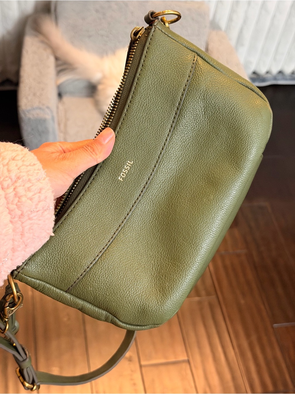 Fossil Olive Leather Crossbody Wristlet with Gold Hardware